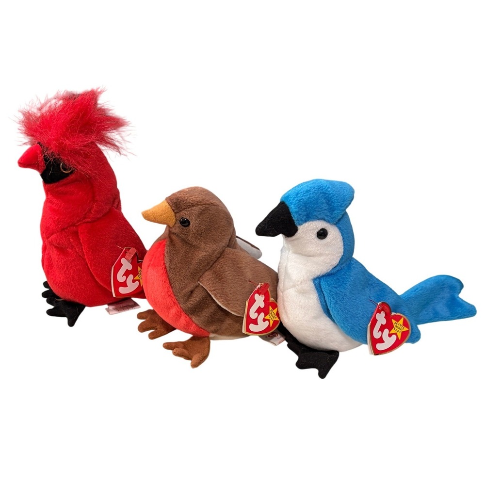 Ty Beanie Babies Bird Lot Mac Cardinal Early Robin Rocket Blue Jay 3pc Set VTG